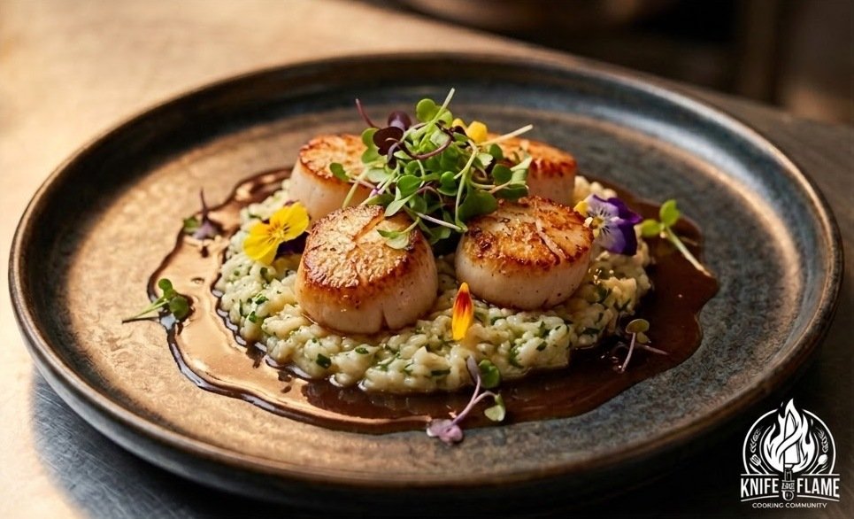 Seared scallops served on creamy risotto with microgreens and edible flowers on a dark plate.